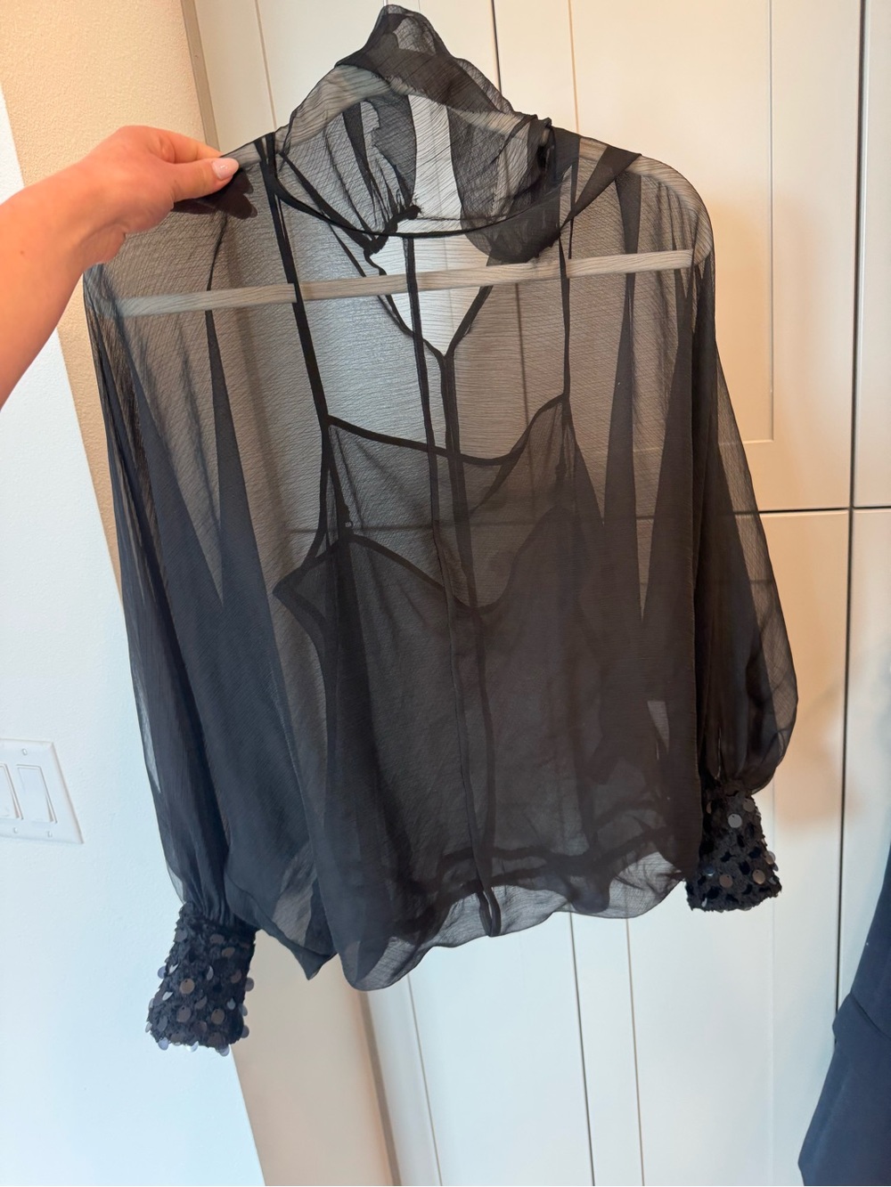 Zara Semi-Sheer Black Long-Sleeve Blouse with Sequin Cuffs